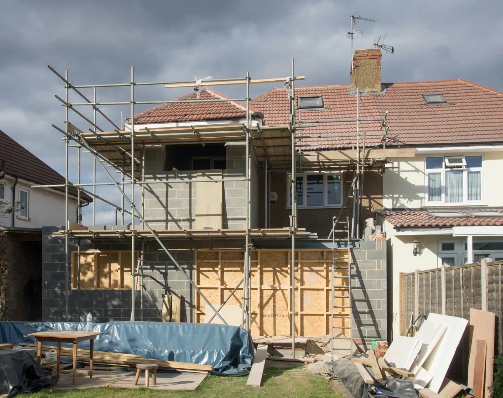 Home extension under construction with scaffolding