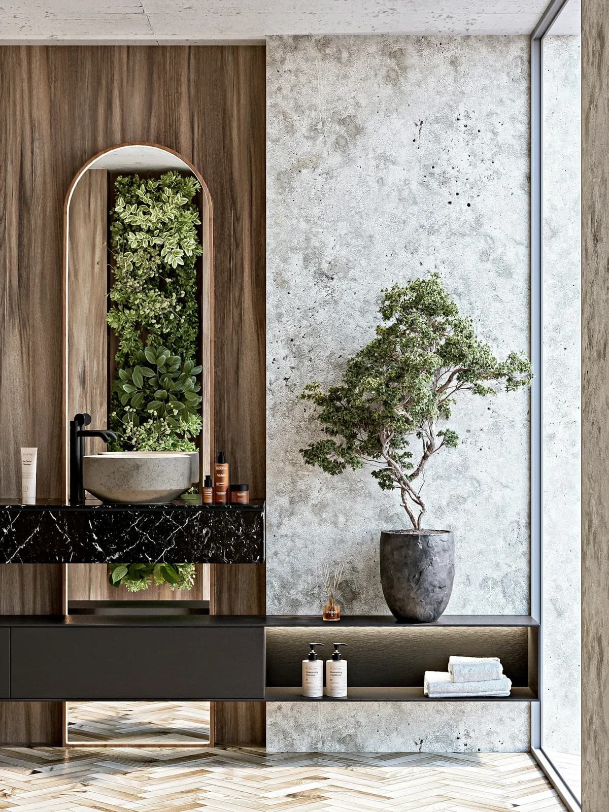 Bathroom with a seamless stone-look microcement wall and timber vanity